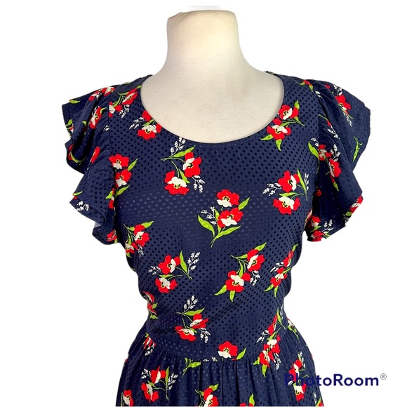 JILL STUART Midnight Navy Blue Red Floral Jacquard Flutter Sleeve Dress Medium - Picture 4 of 10